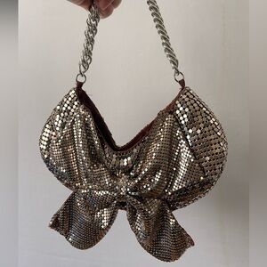 Y2K Long Bag Silver Mesh Chainmail w Bow Crescent Hobo